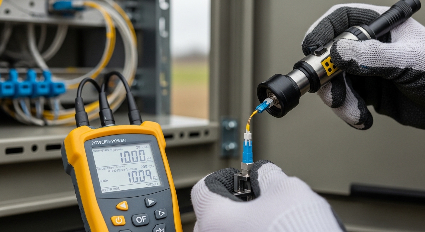 Realistic field troubleshooting photography scene: a technician holding a fiber optic scope over an LC connector on an outdoo