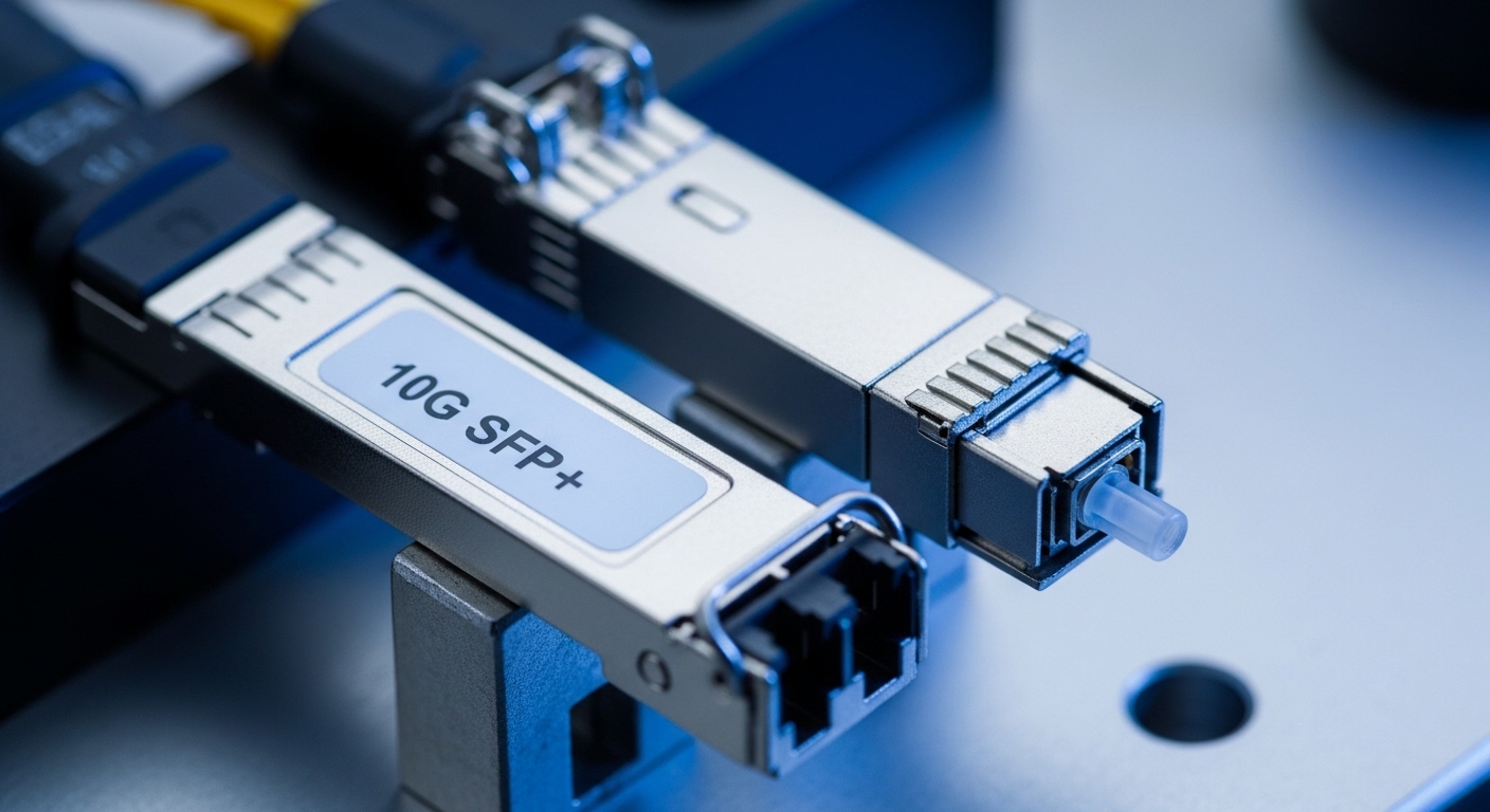 A macro photography scene of two fiber transceiver modules on an open telecom test bench, one labeled for a common 10G SFP+ s