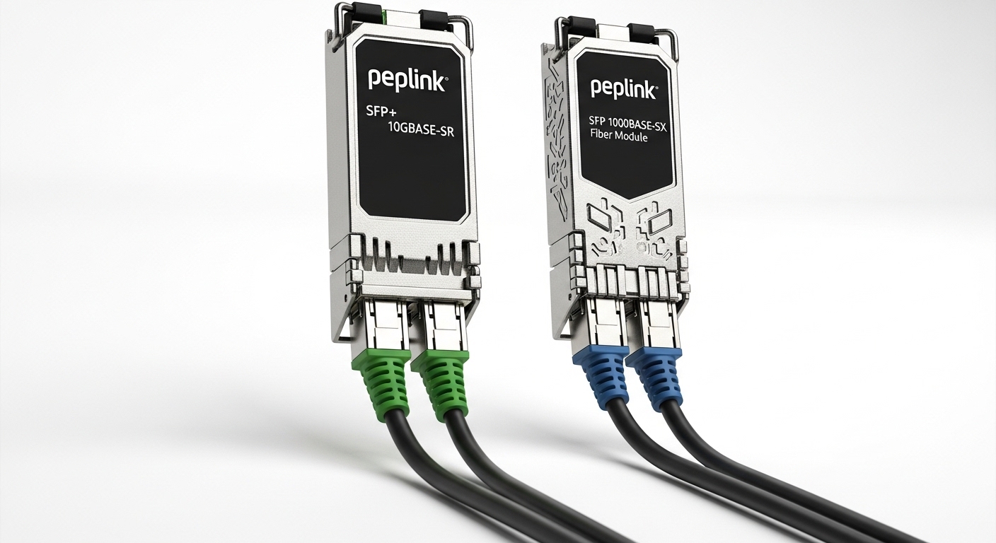 Professional product photography of Peplink fiber WAN, SFP for Peplink Balance Routers: WAN Fiber Options, clean background, 
