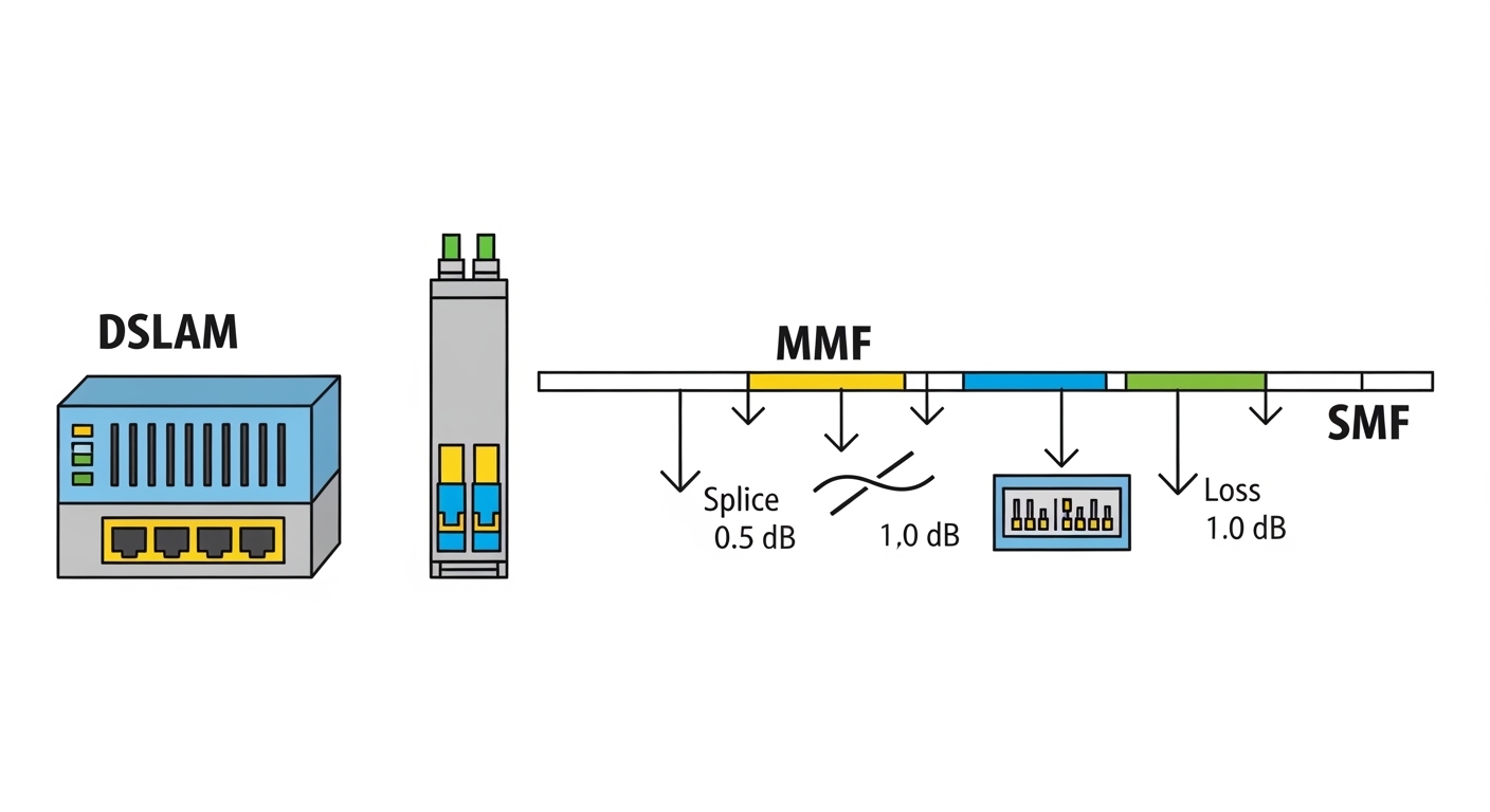 Clean vector illustration showing a simplified optical link budget diagram, with a DSLAM icon on the left, a transceiver modu