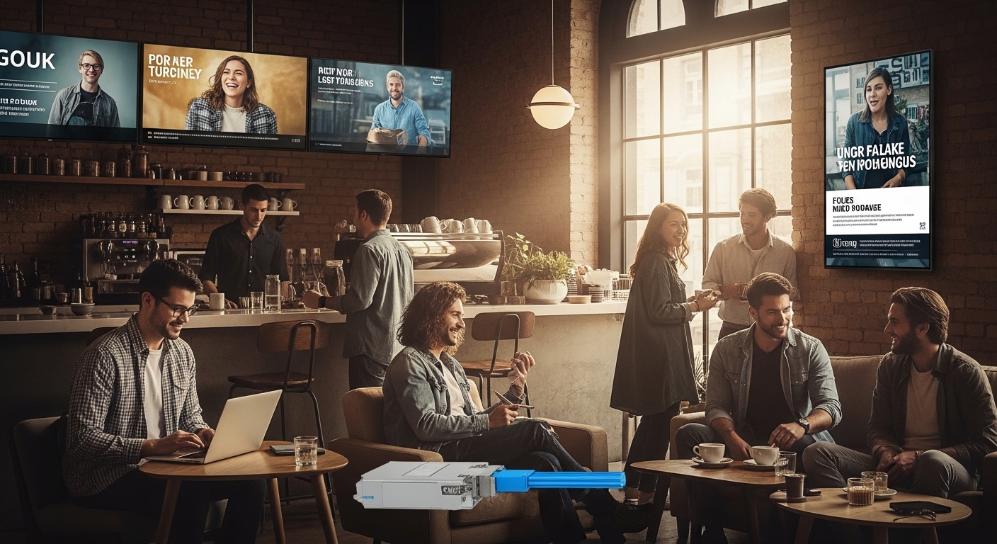 Lifestyle scene featuring DOOH network transceiver, Fiber Transceiver for Digital Signage and Digital Out-of-Home, warm ambie