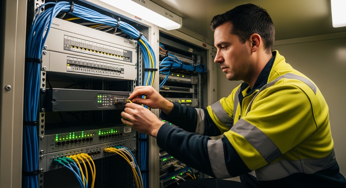 Photojournalistic lifestyle scene inside a telecom hut, with a technician in high-vis gear installing a fiber transceiver int