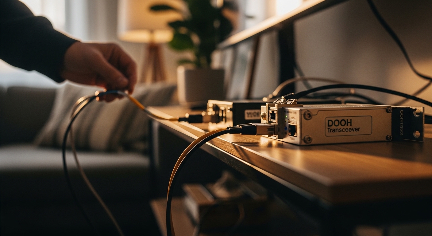 Lifestyle scene featuring DOOH network transceiver, Fiber Transceiver for Digital Signage and Digital Out-of-Home, warm ambie