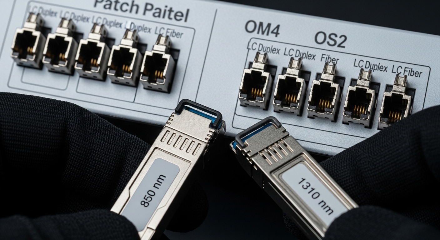Close-up photography of an LC fiber patch panel labeled for OM4 and OS2, with two SFP transceivers (one marked 850 nm, one ma