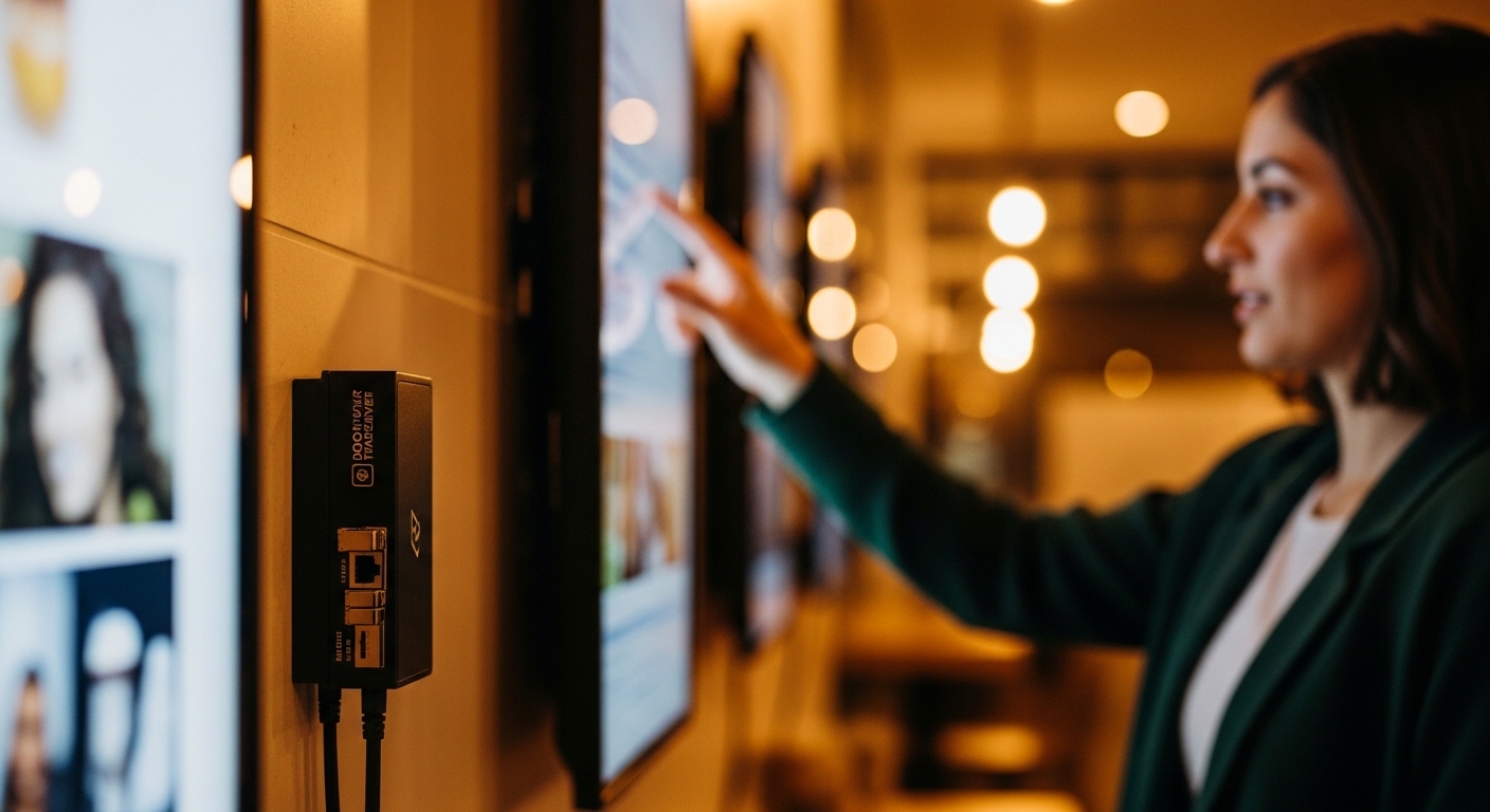 Lifestyle scene featuring DOOH network transceiver, Fiber Transceiver for Digital Signage and Digital Out-of-Home, warm ambie