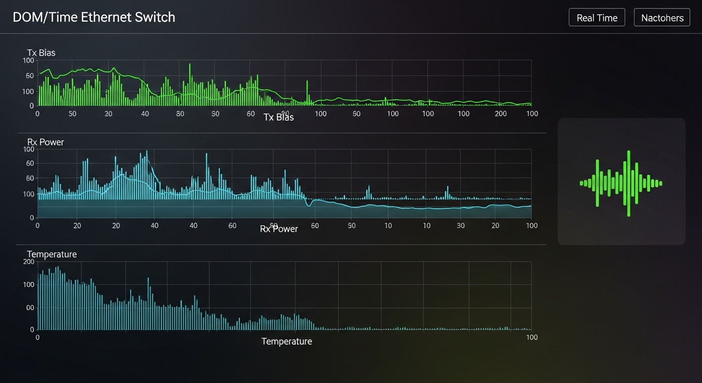 Conceptual illustration showing a managed Ethernet switch dashboard with DOM graphs (Tx bias, Rx power, temperature) alongsid