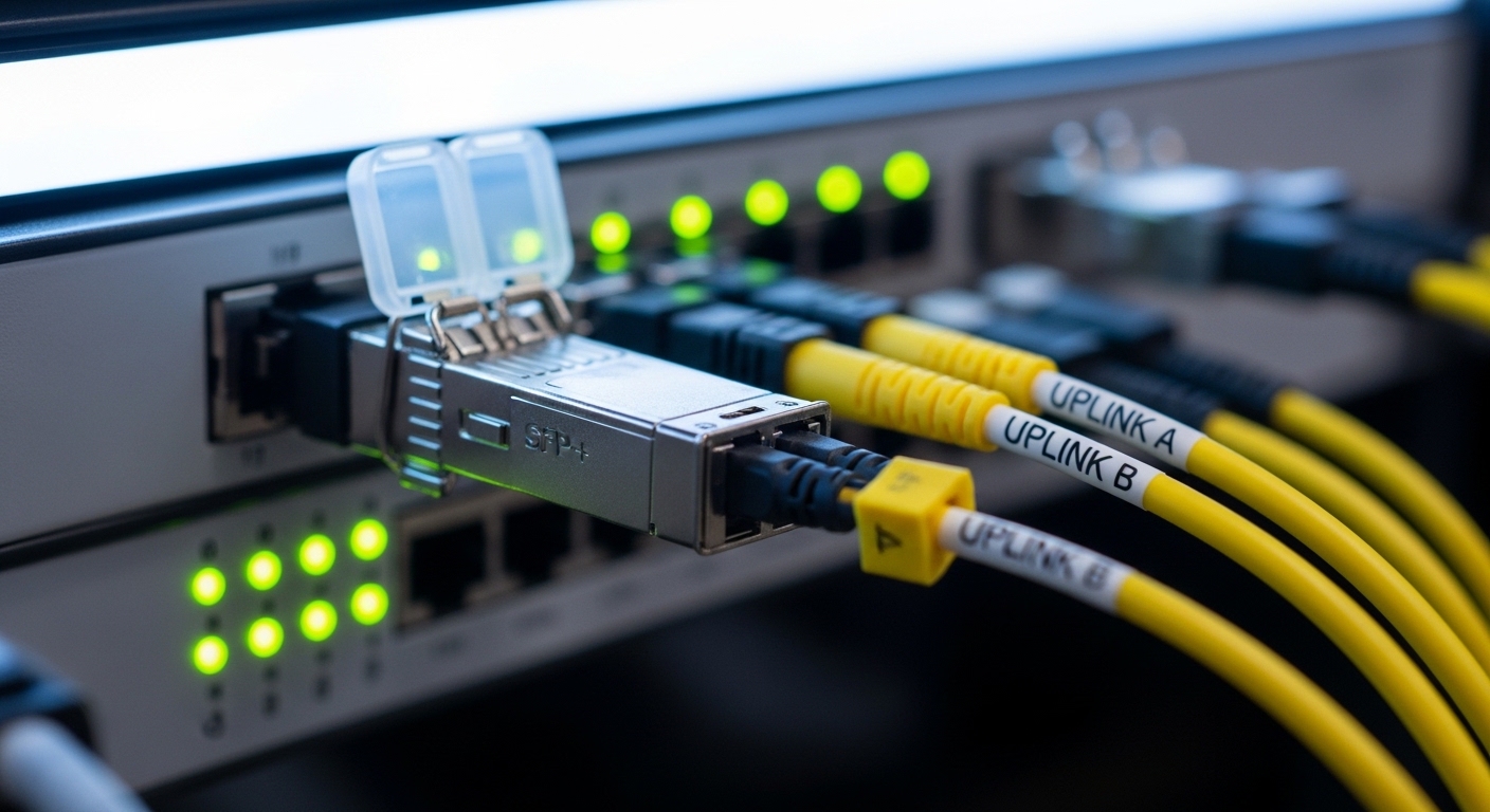 Close-up photography of an installed 10G SFP+ transceiver with LC connectors in a live event rack, showing dust caps removed,