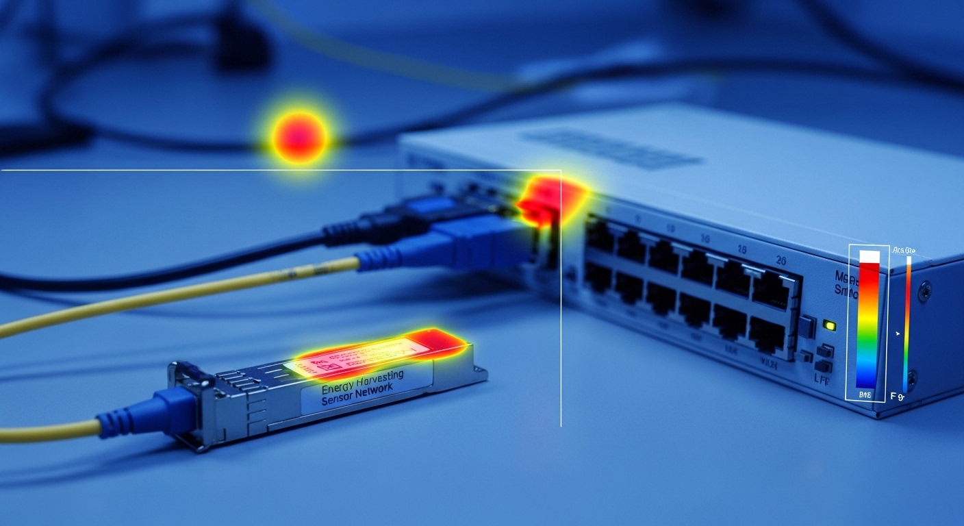 A close-up photography scene of a lab bench with an SFP transceiver labeled for energy harvesting sensor networks, a fiber pa