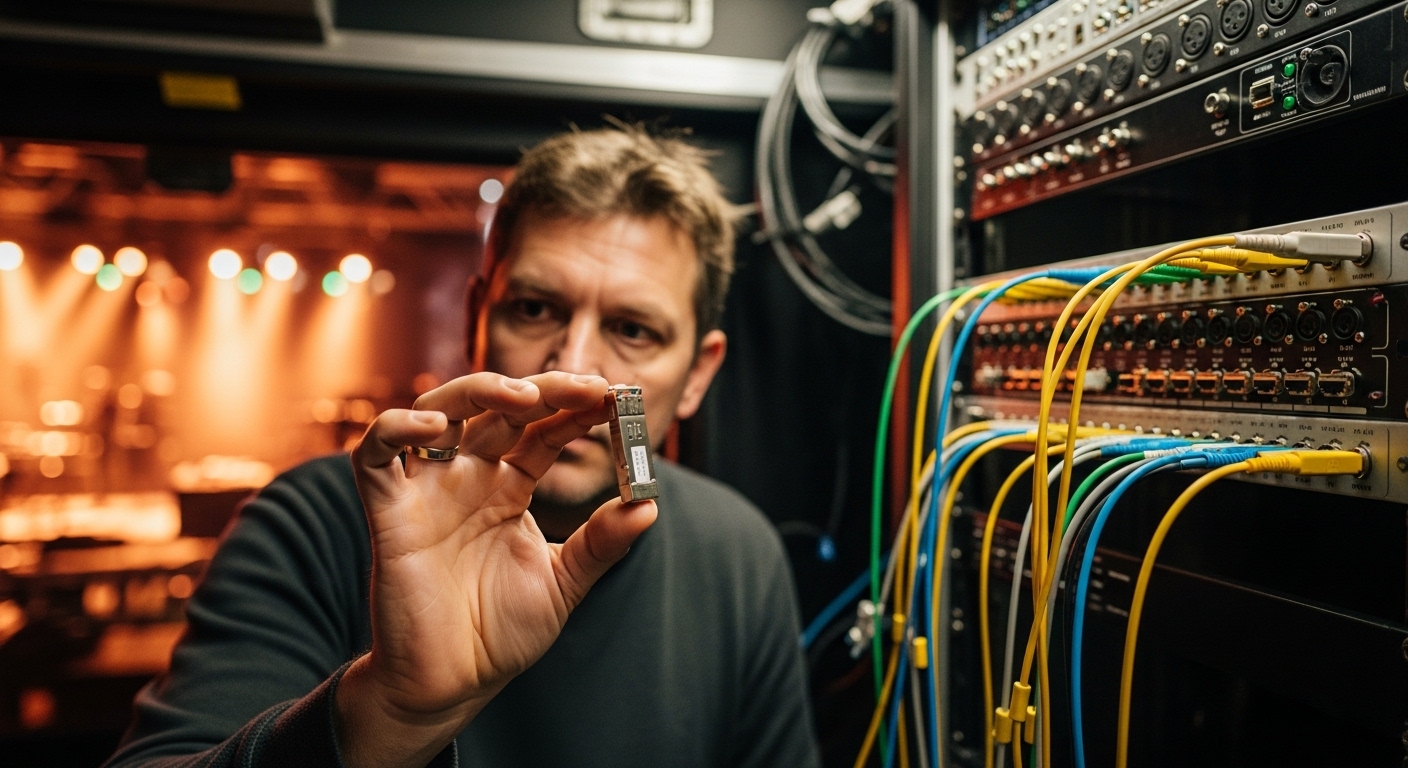 Real-world lifestyle scene of an audio engineer in a production truck holding an SFP module near a rack with fiber patch cord