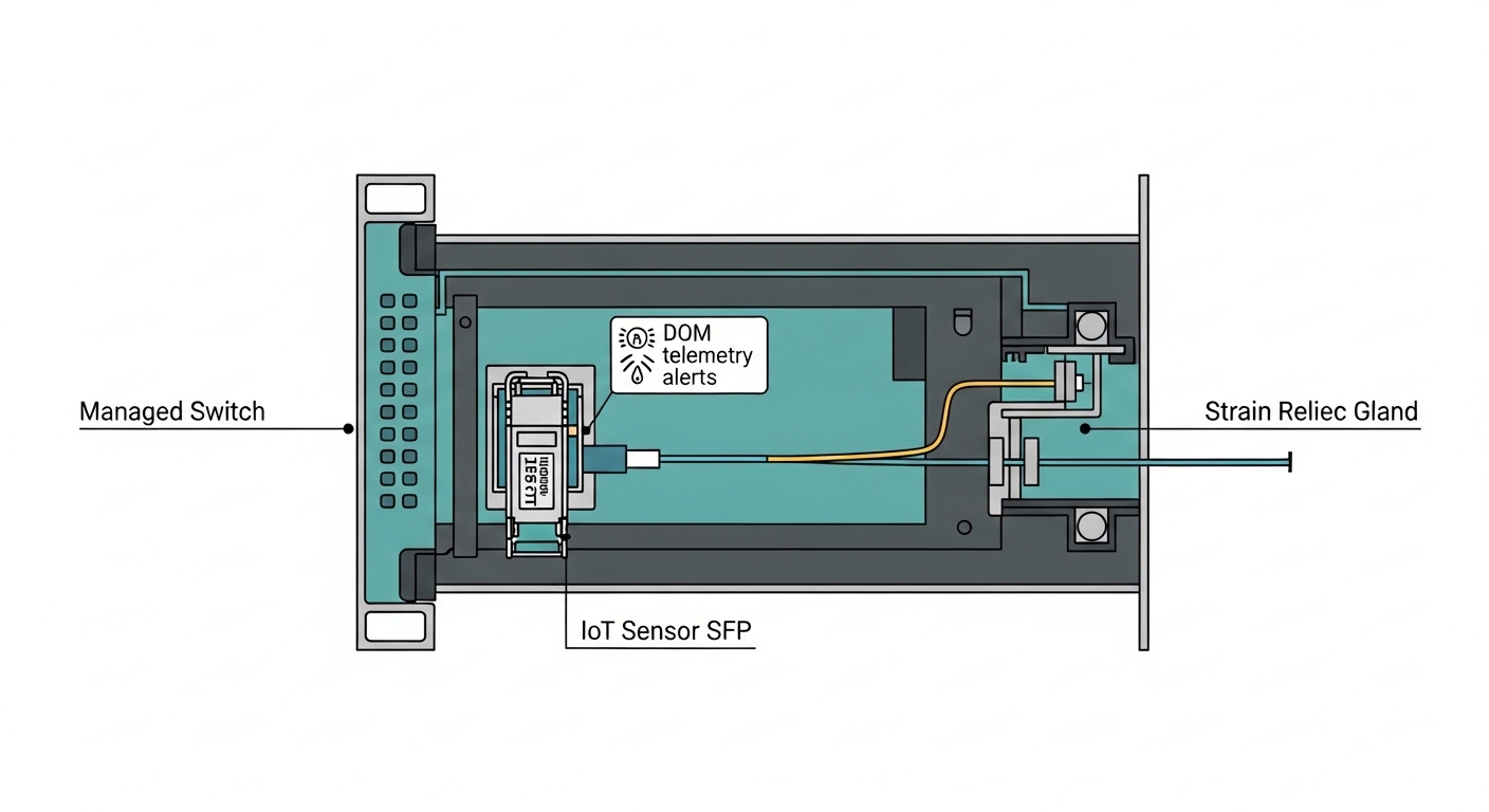 An engineering illustration showing a cross-section diagram of a sensor enclosure with a managed switch at the edge, an IoT s