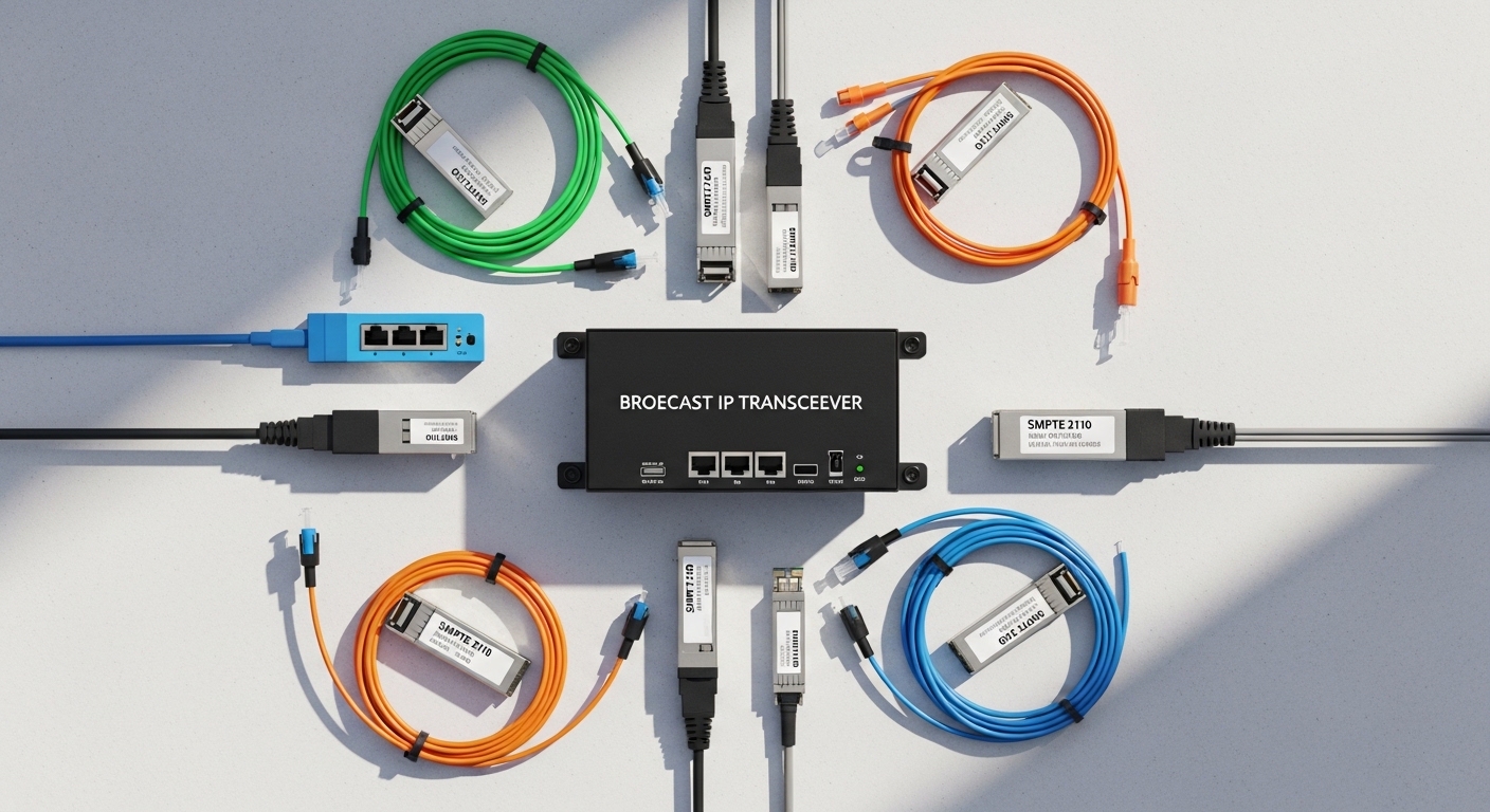 Overhead flat-lay composition of broadcast IP transceiver, SFP for Live Event Production Networks: SMPTE 2110 Fiber, styled l