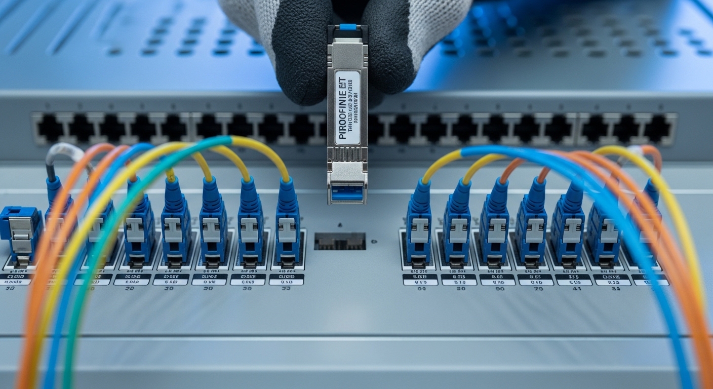 Close-up macro photography of an industrial fiber patch panel with LC connectors labeled, a technician’s hands holding a PROF