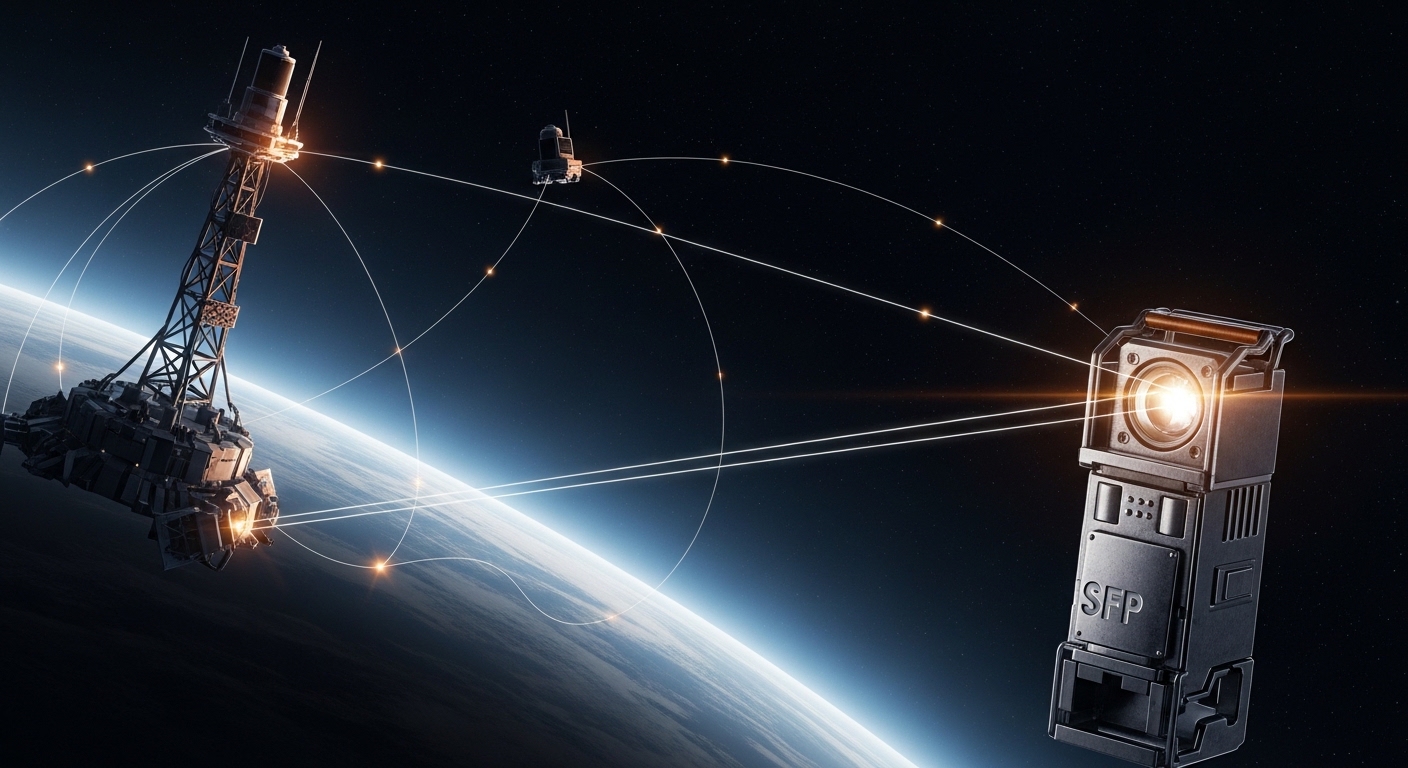 Concept art style scene of a low-orbit communications metaphor: tiny glowing fiber strands connecting rugged sensor towers, w