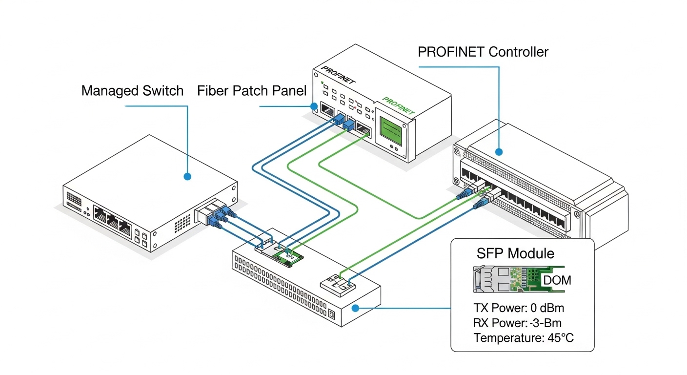 Technical illustration diagram of a factory network rack showing a managed switch, a PROFINET controller, fiber patch panel, 