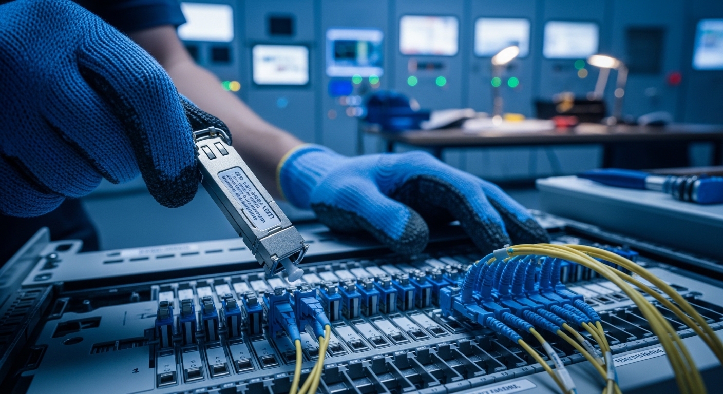 Photography style, close-up of a technician holding an SFP fiber transceiver over an open industrial fiber patch panel, LC co