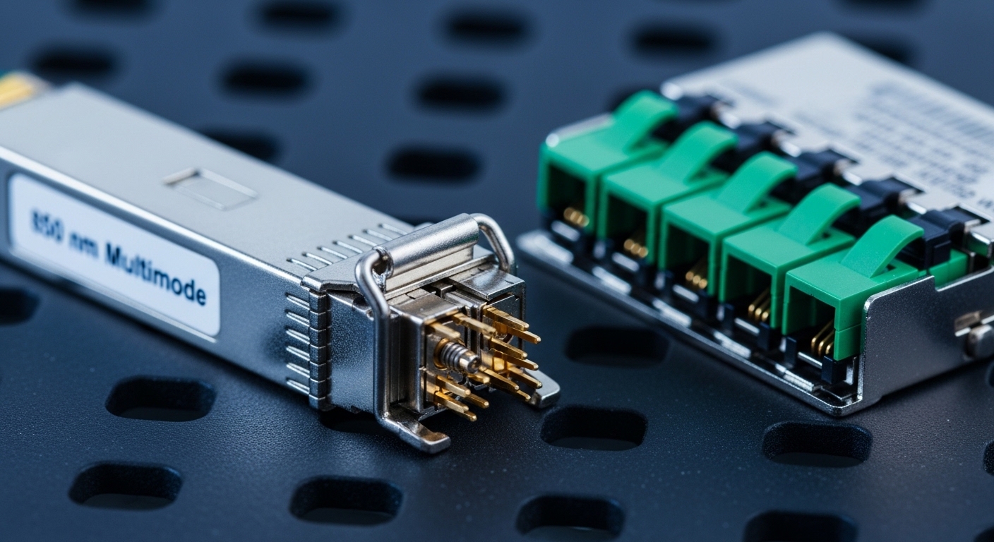 Macro photography of a fiber optic SFP module with an 850 nm multimode label, placed on an anti-static mat beside a small fib