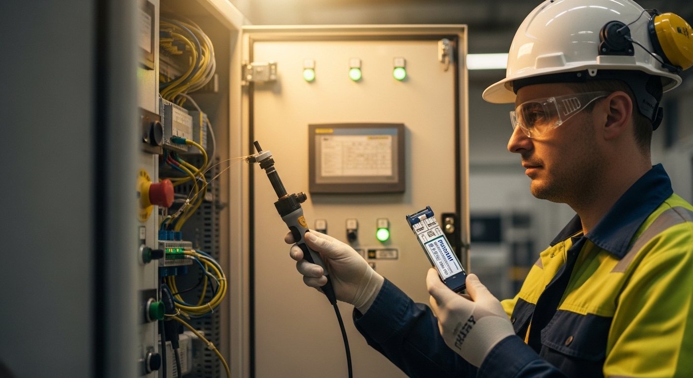 Lifestyle-style photo scene of a factory technician in PPE holding a fiber optic inspection scope and a PROFINET SFP module n