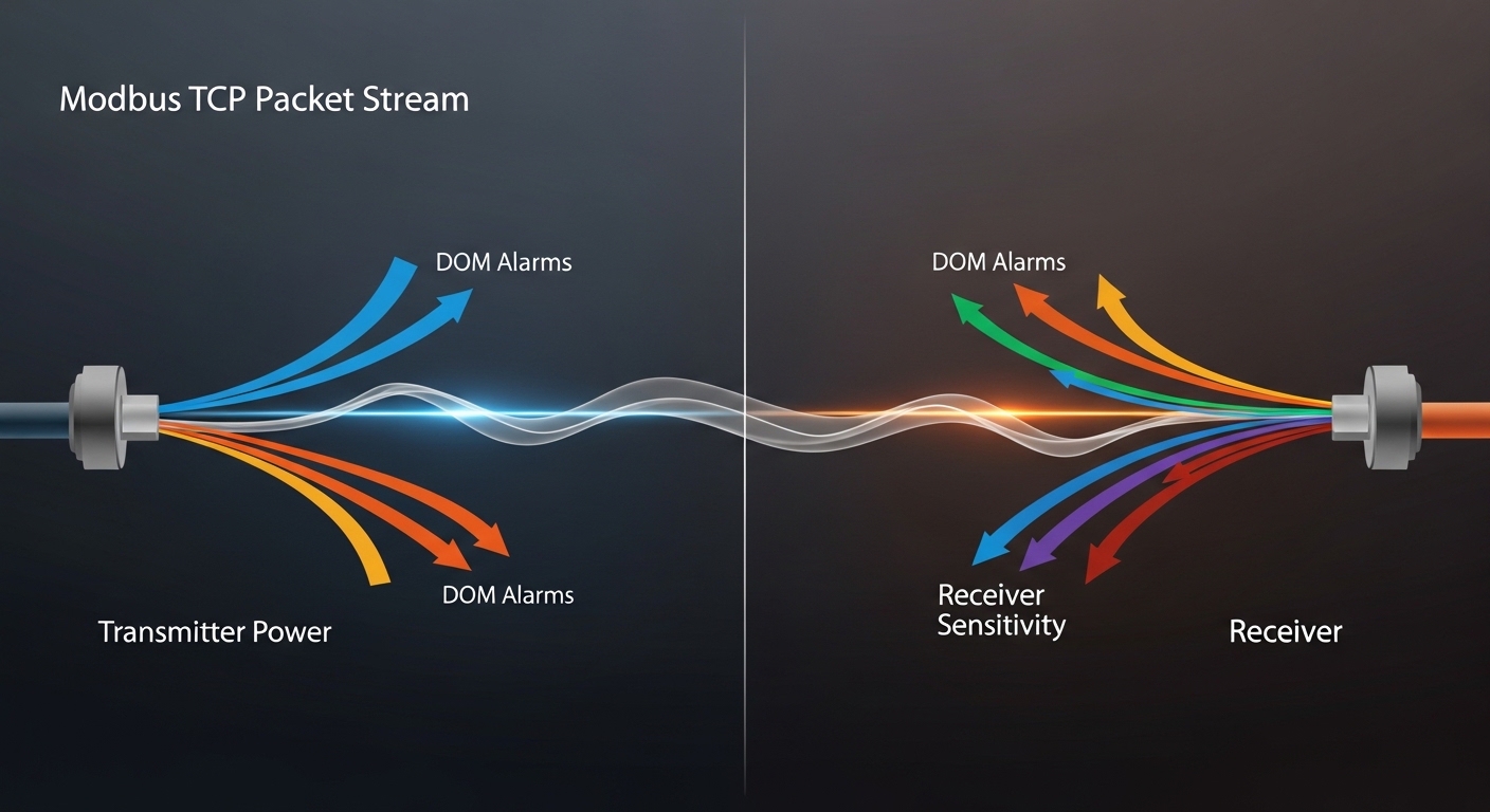 Concept art style, a split-screen infographic showing a Modbus TCP packet stream flowing through a fiber link, with colored a