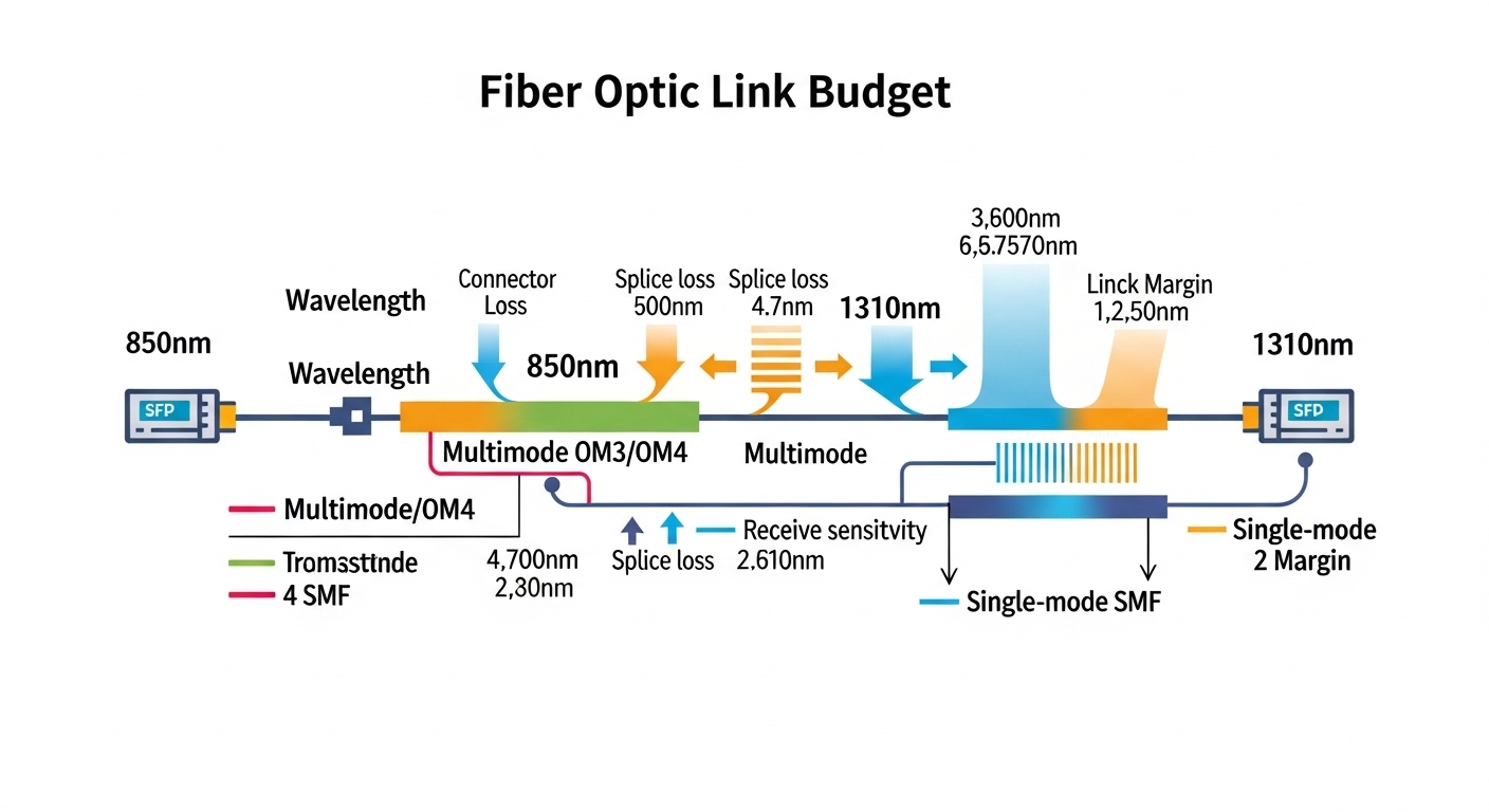 Clean vector illustration showing a fiber optic link budget diagram with arrows labeled wavelength 850nm and 1310nm, multimod