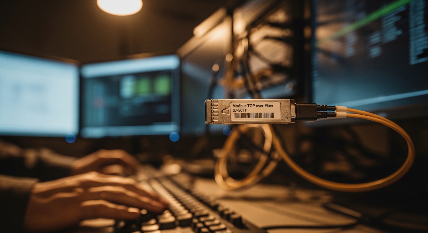 Lifestyle scene featuring SCADA fiber transceiver, Modbus TCP over Fiber: SFP for SCADA Communication, warm ambient light, ca