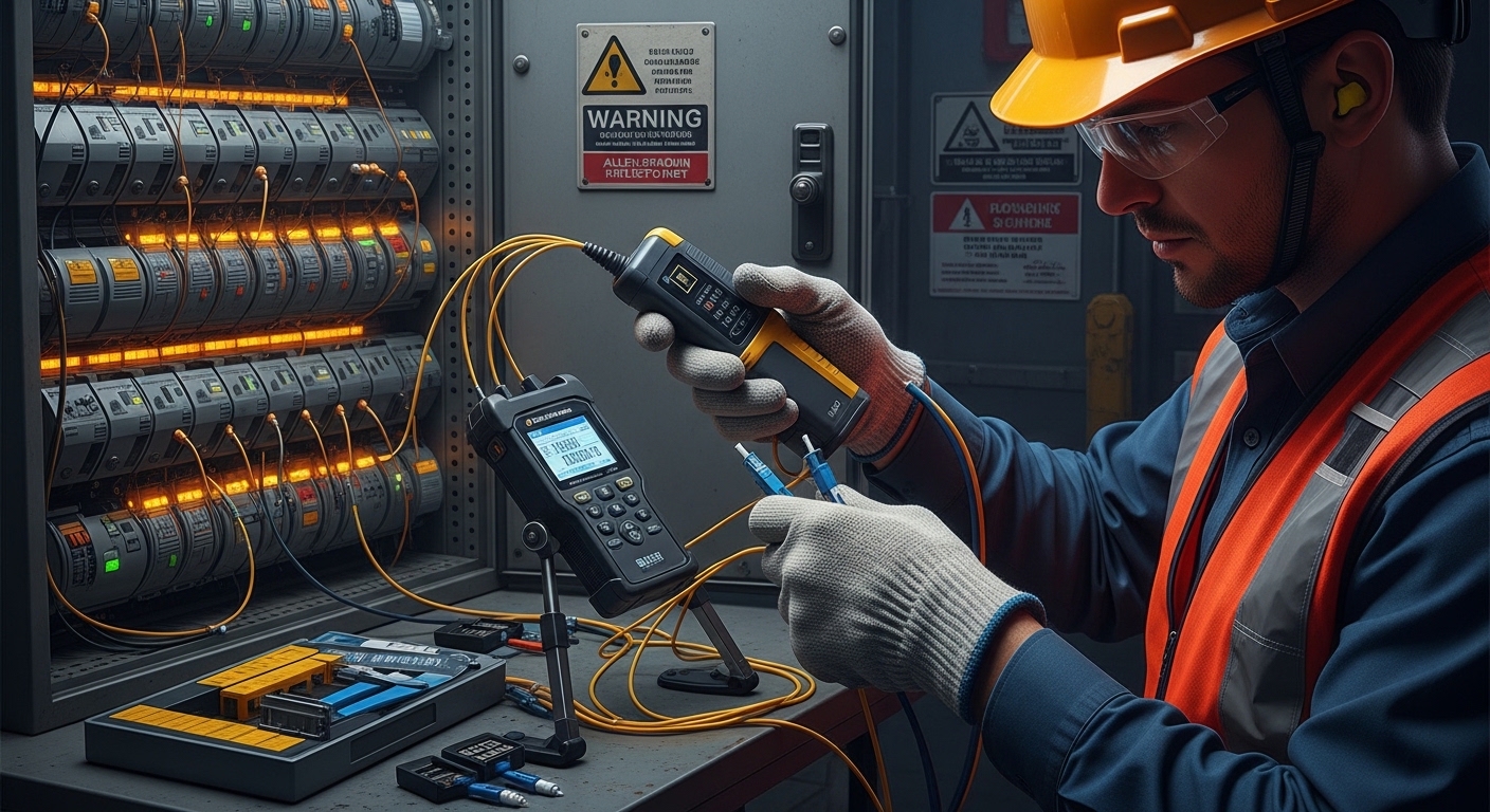 Industrial concept art of a technician in a hard hat using a handheld OTDR and fiber cleaner kit near a cabinet full of Allen