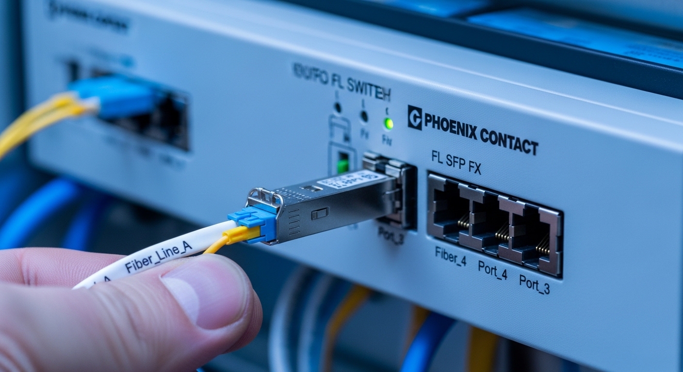 Photorealistic close-up inside an industrial control cabinet showing a Phoenix Contact FL SWITCH with an SFP module inserted 