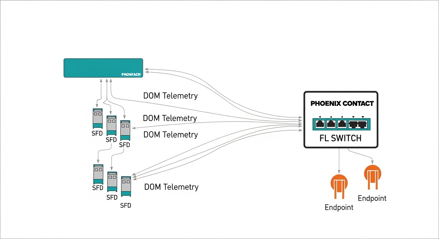 Illustrated network diagram in clean vector style showing a Phoenix Contact FL SWITCH connected via SFP modules to a fiber pa