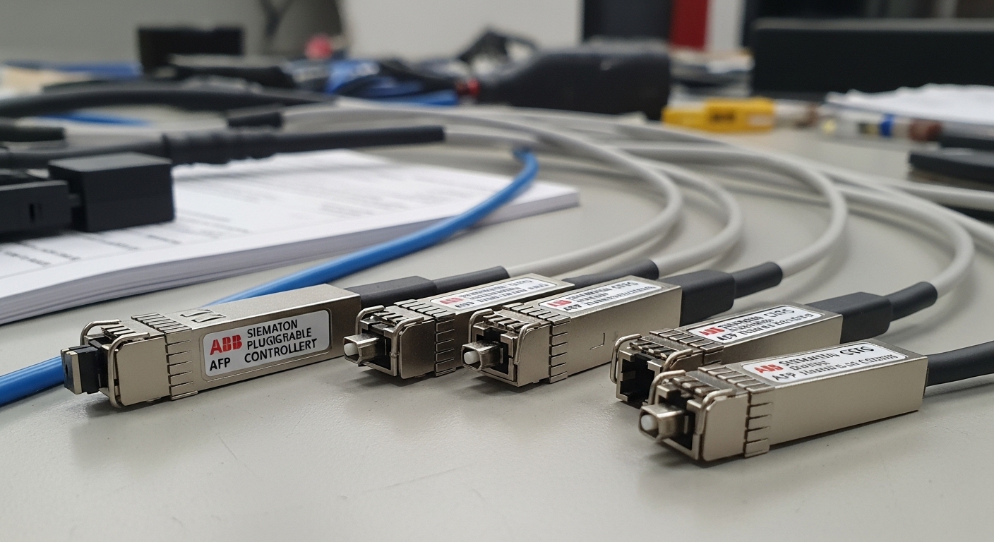 Documentary-style photo of automation controller optics, SFP for ABB and Siemens Automation Controllers, natural lighting, au