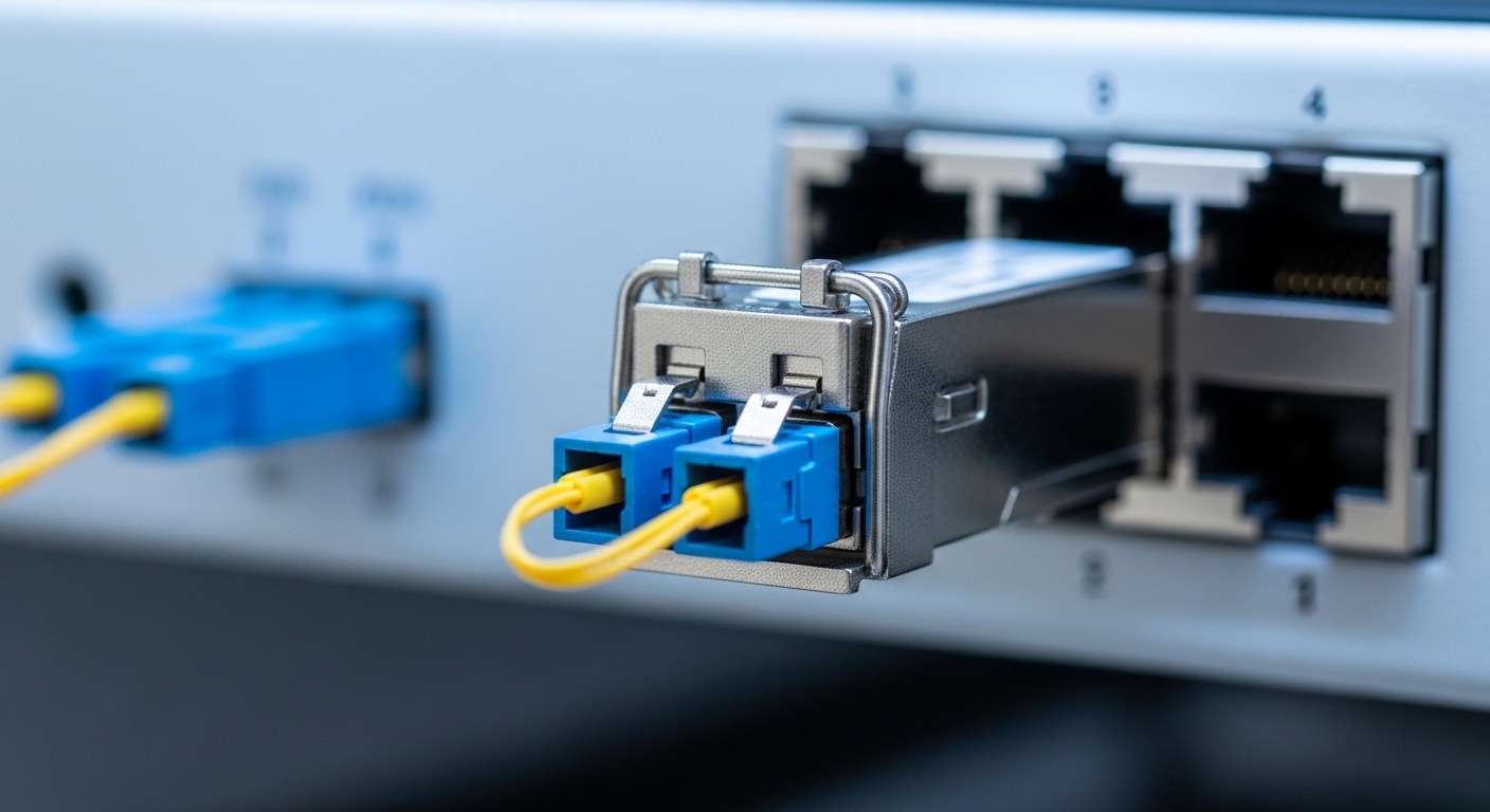 Close-up product photography of an SFP module inserted into an industrial Ethernet switch port, showing LC duplex fiber conne
