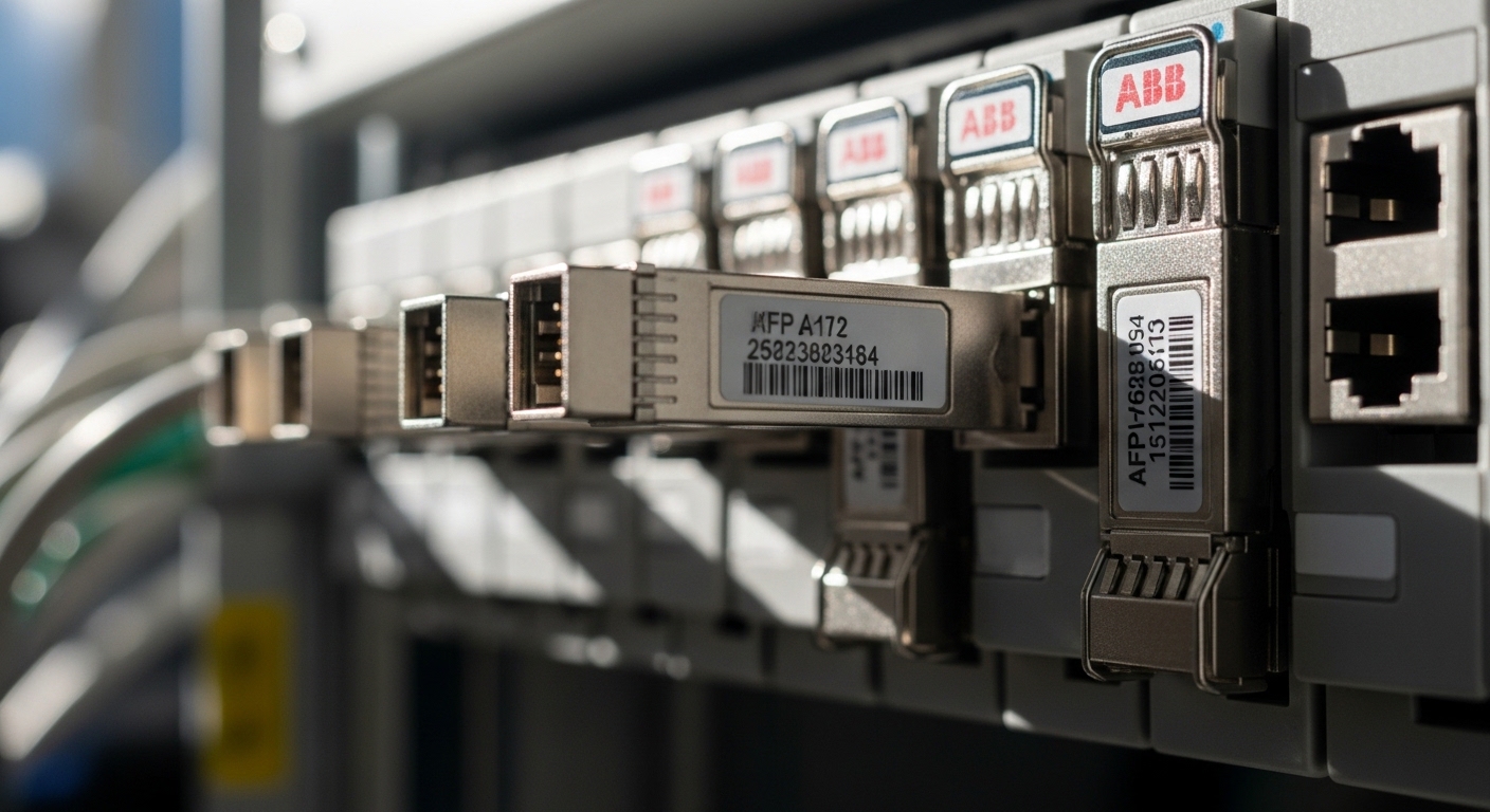 Documentary-style photo of automation controller optics, SFP for ABB and Siemens Automation Controllers, natural lighting, au