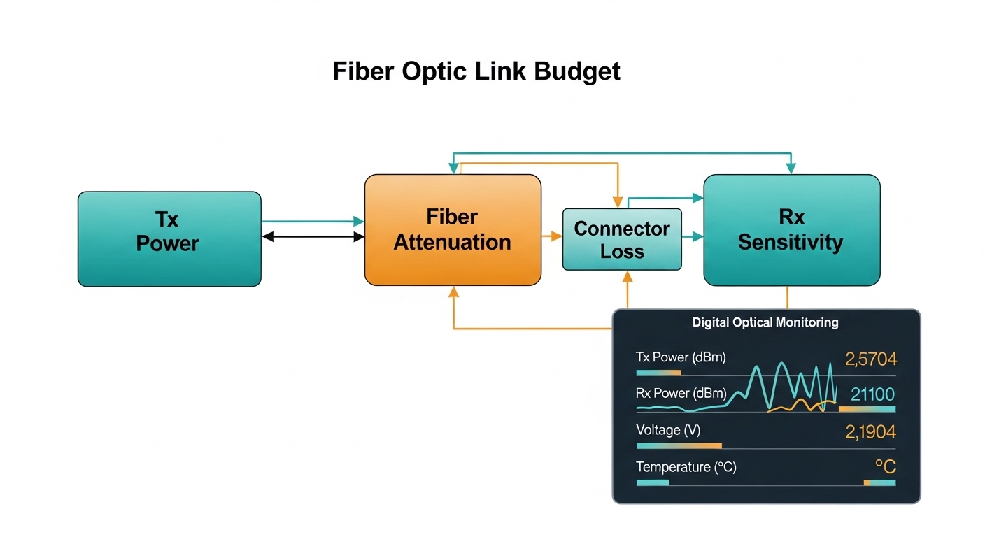 Conceptual illustration of a fiber link budget diagram, with labeled boxes for Tx power, fiber attenuation, connector loss, a