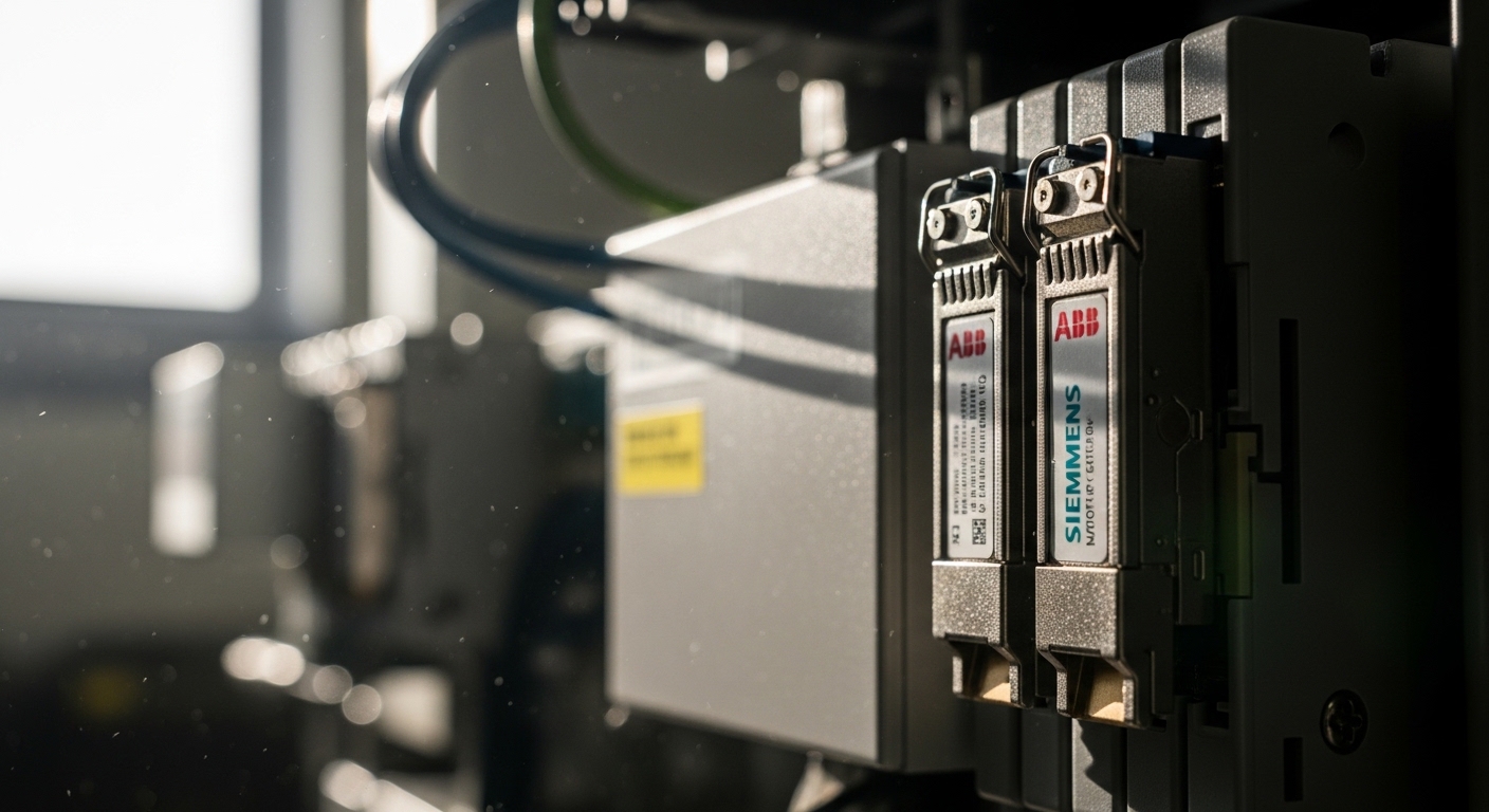 Documentary-style photo of automation controller optics, SFP for ABB and Siemens Automation Controllers, natural lighting, au