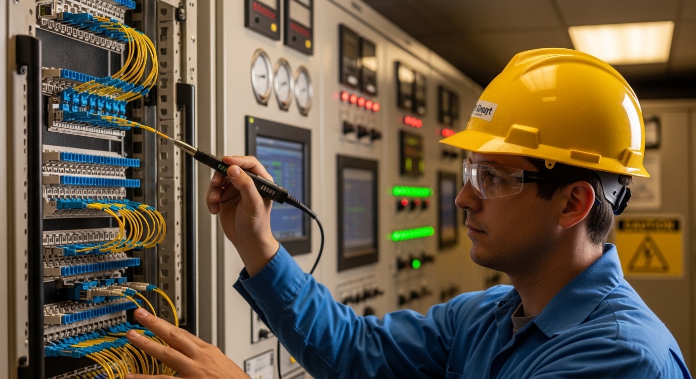 Photorealistic lifestyle-style scene inside an industrial control room, an engineer in a hard hat holding a fiber inspection 
