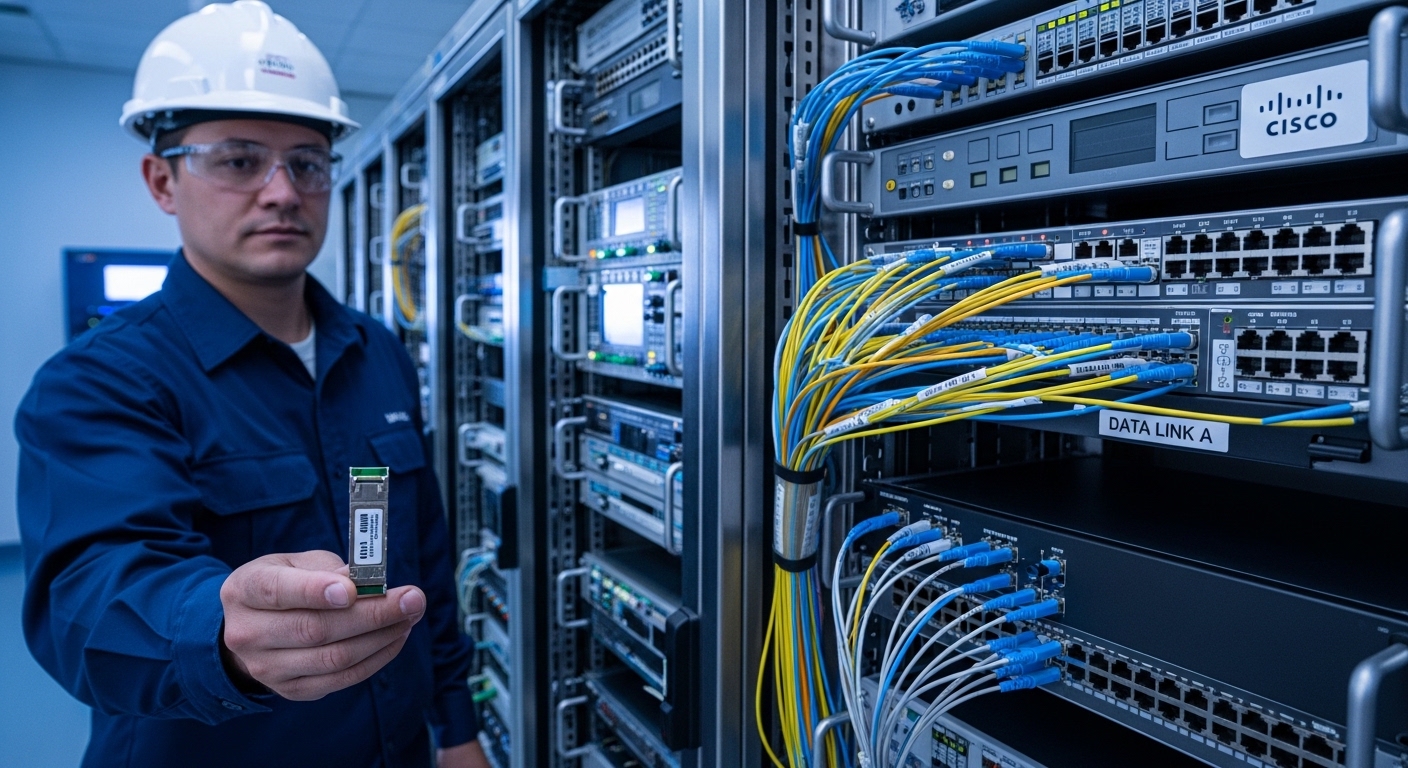 Photorealistic scene inside a hydroelectric dam control room: stainless steel cabinets with RTUs and fiber patch panels, an e