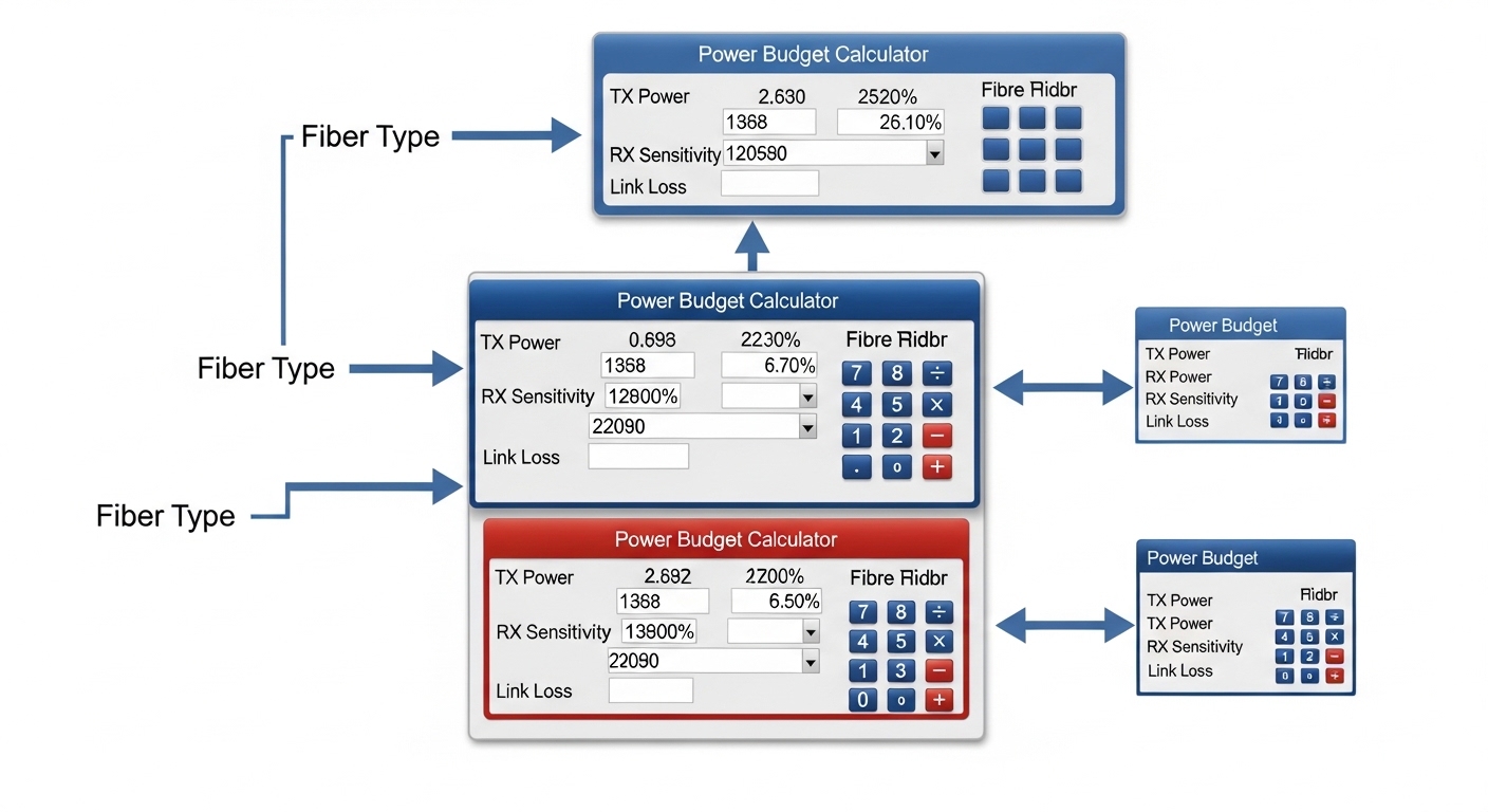 Clean engineering illustration of an SFP optics selection flowchart: icons for OM3/OM4 and OS2 fiber, a power budget calculat