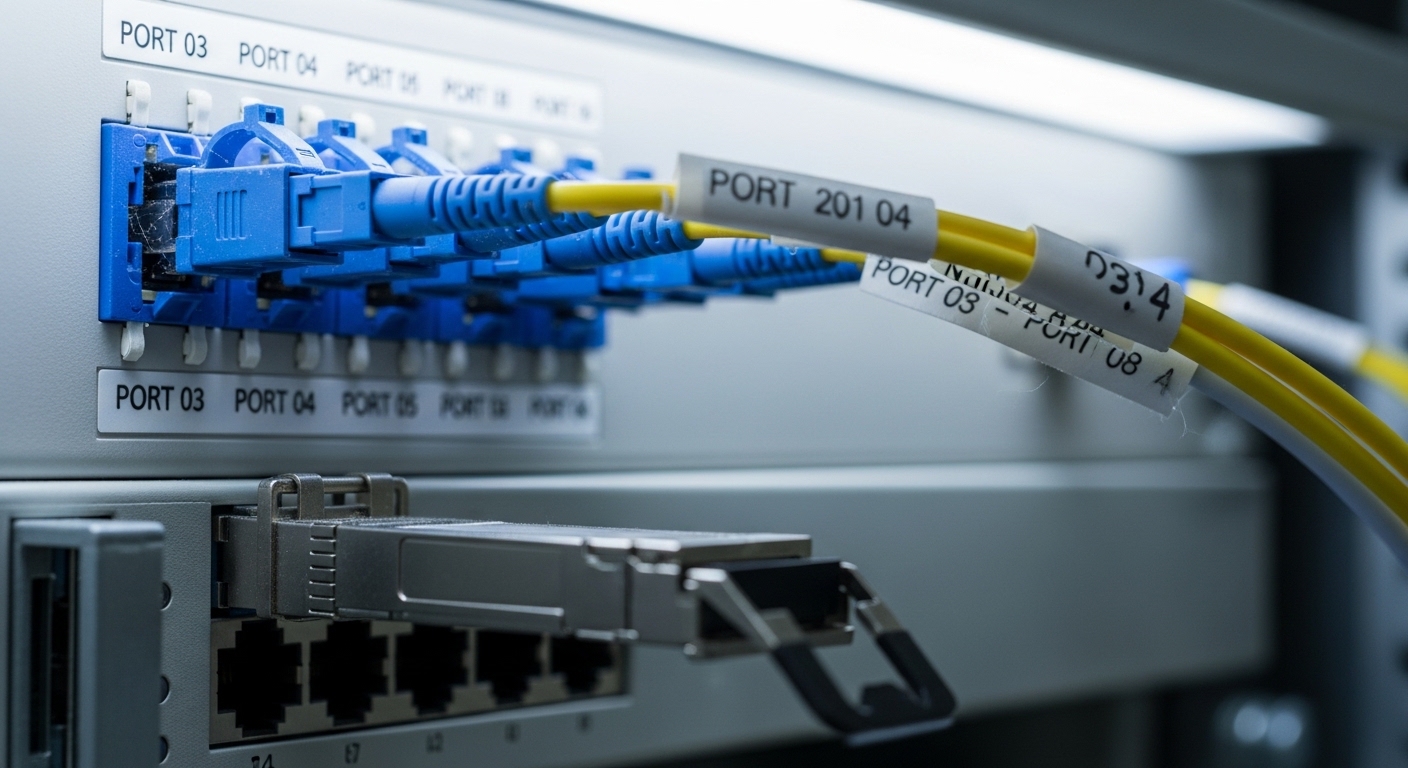 A photorealistic close-up of a utility fiber patch panel in a municipal building, showing two LC connectors labeled by port n