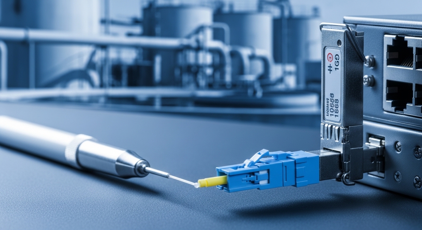 Close-up photography of an LC duplex connector and a 10G SFP+ transceiver seated in a rack-mount switch port, with a fiber cl