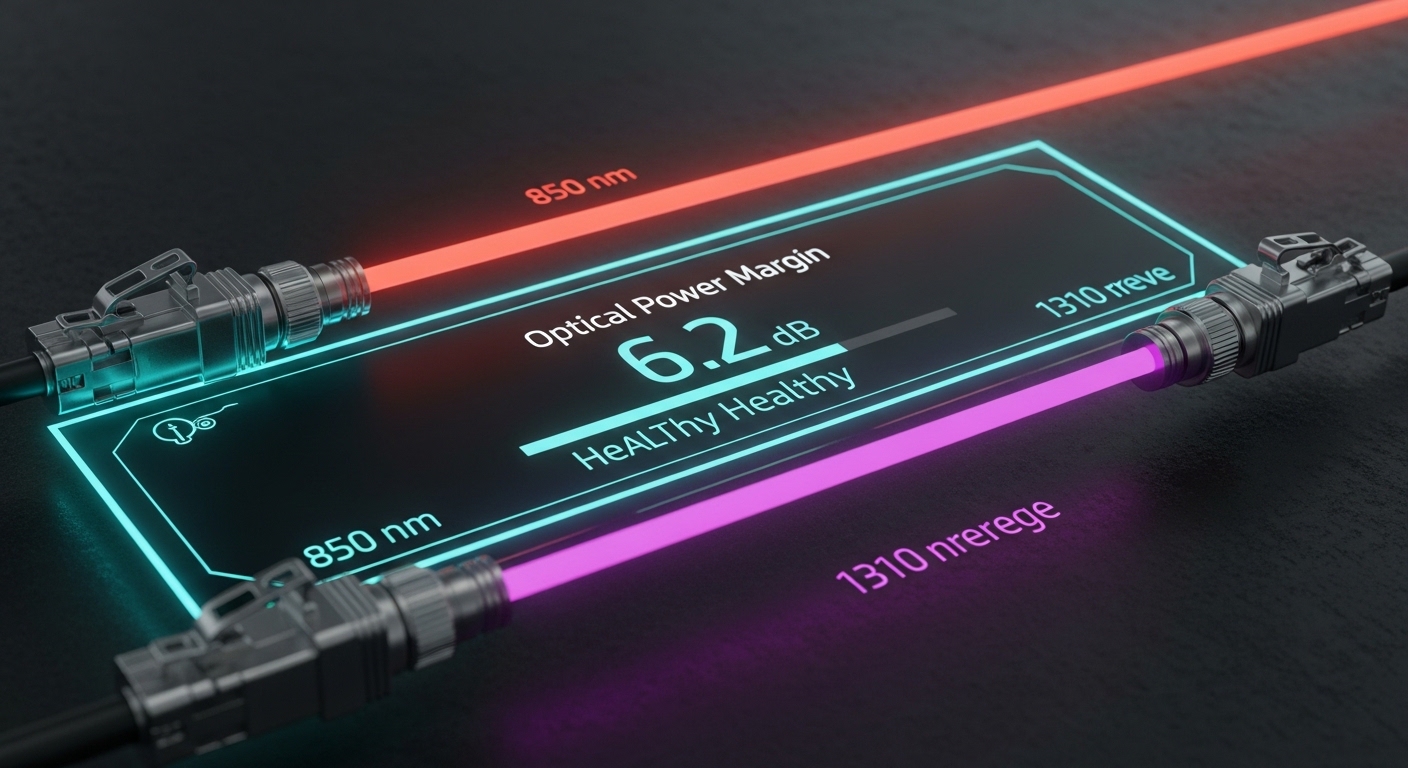 Concept art of a fiber optic link “health meter” overlay: glowing 850 nm and 1310 nm beams, LC connectors at both ends, a gau