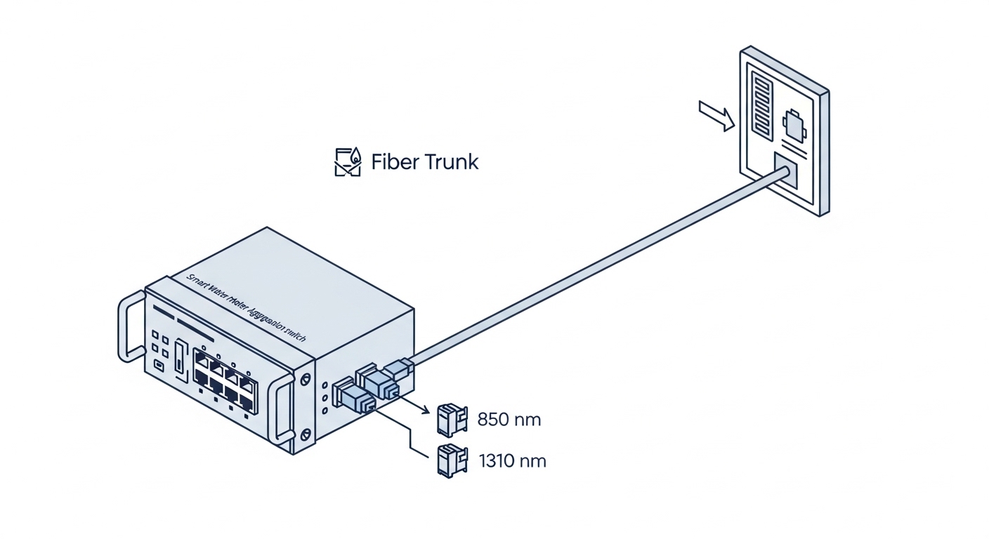 Clean technical illustration, axonometric view of a small network rack with a smart water meter aggregation switch, a fiber t