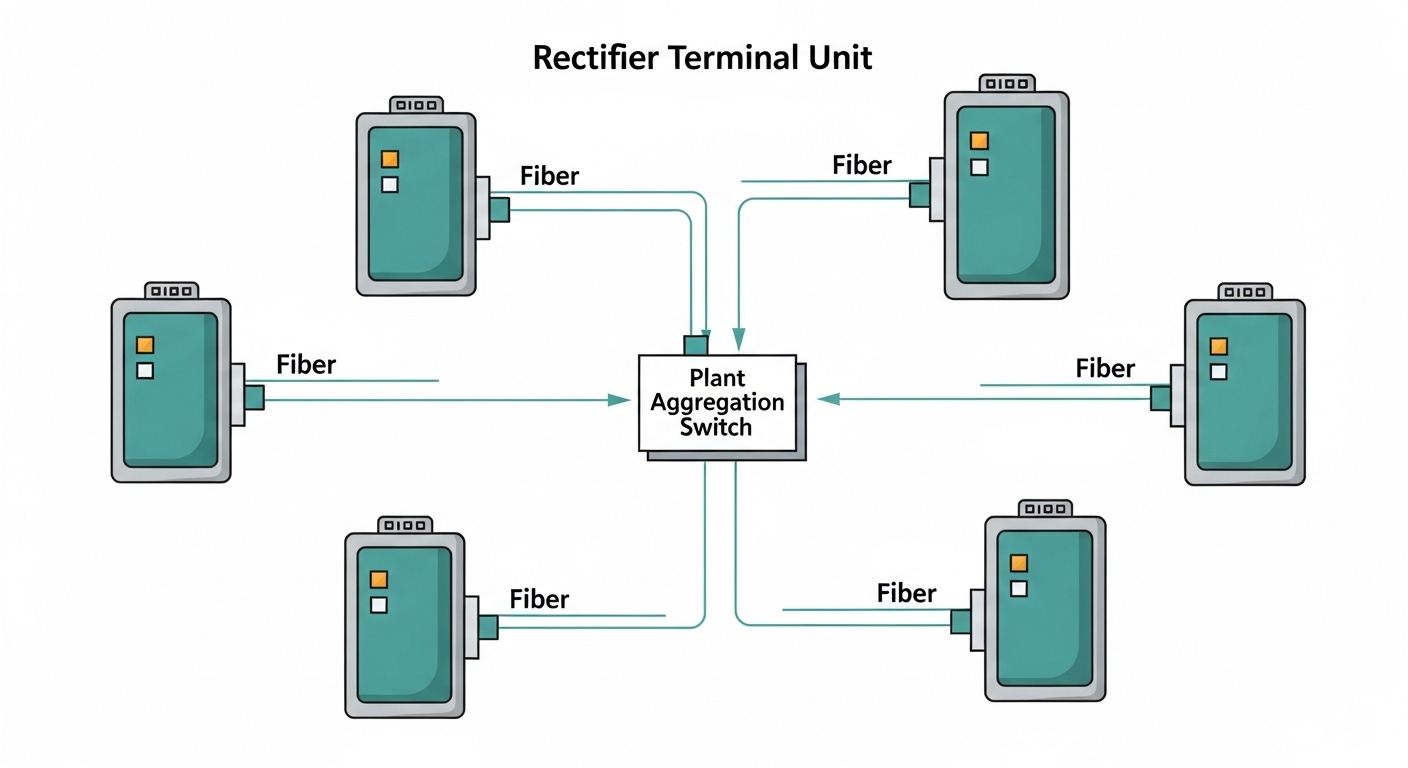 Concept illustration in clean vector style showing a wastewater SCADA network diagram with RTU cabinets, a plant aggregation 