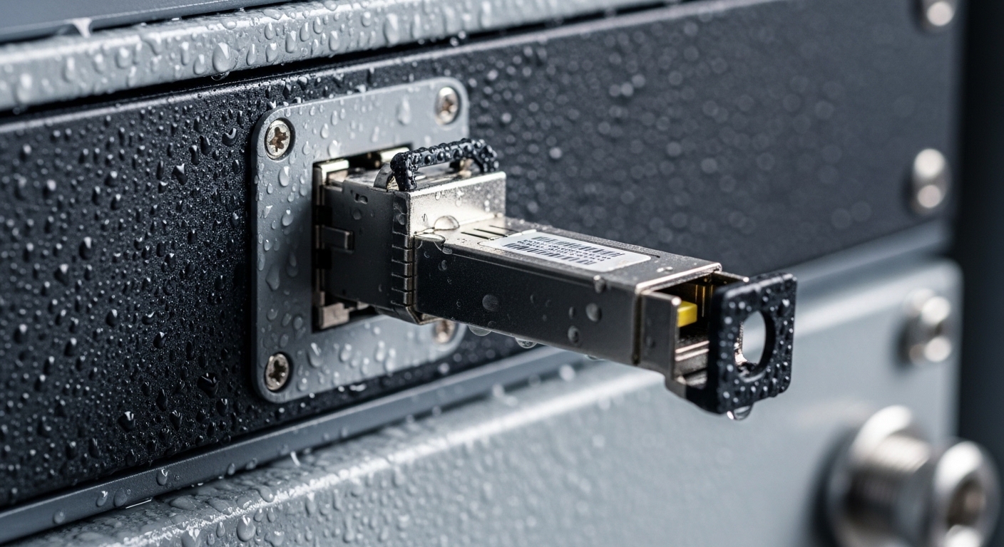 Close-up photography of an SFP transceiver seated in a ruggedized offshore fiber switch port inside a steel communications ca