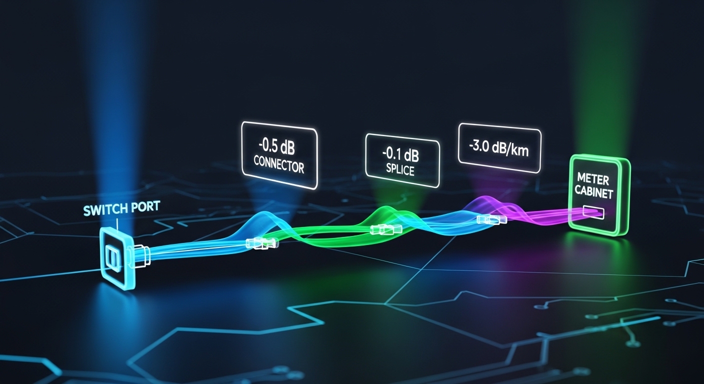 Concept art style rendering of an optical link budget diagram, with colored beams traveling from a switch port to a remote me