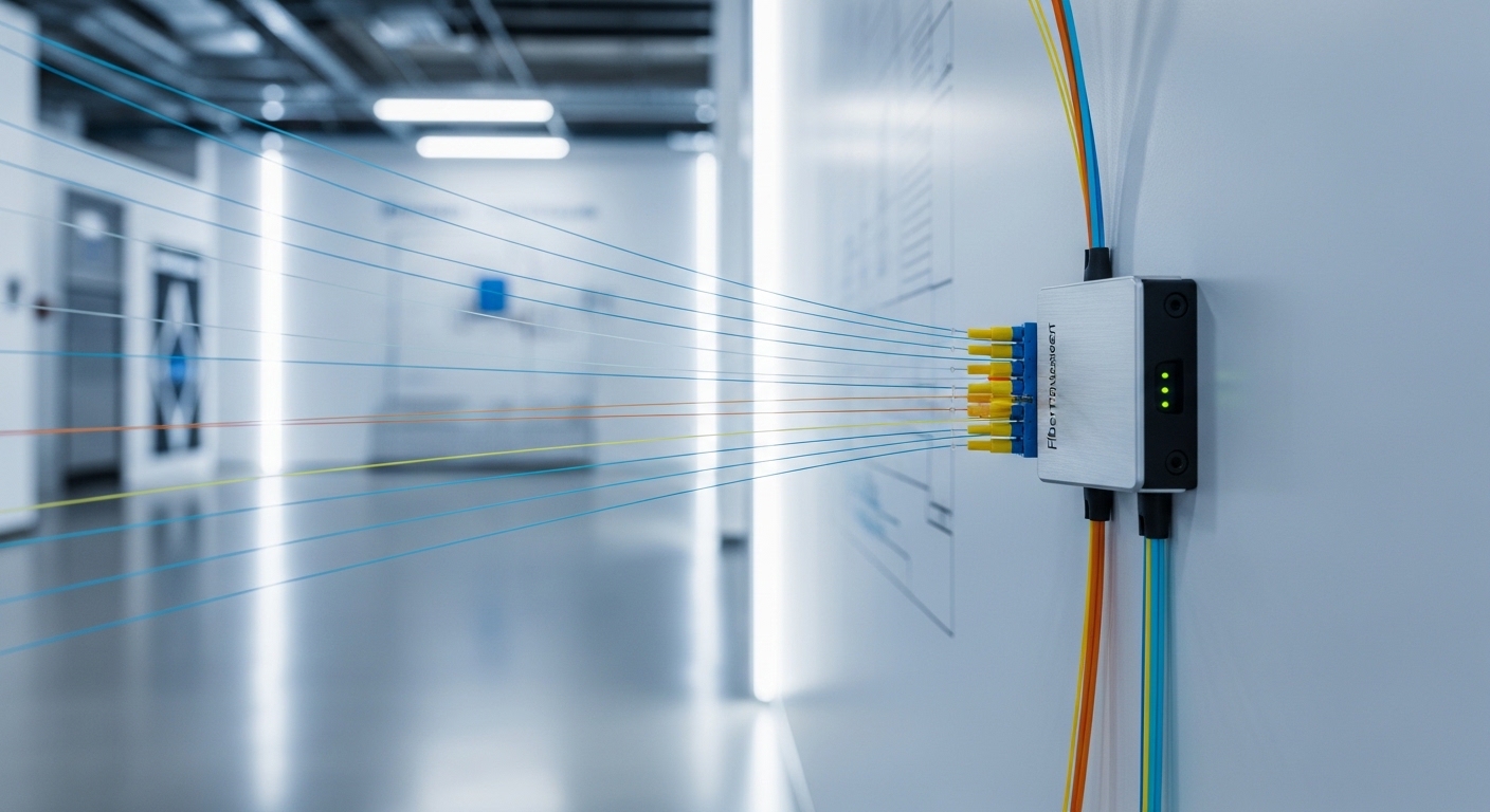 Minimalist design showcasing water utility fiber, Fiber Transceiver for Wastewater Treatment SCADA, clean composition, vibran