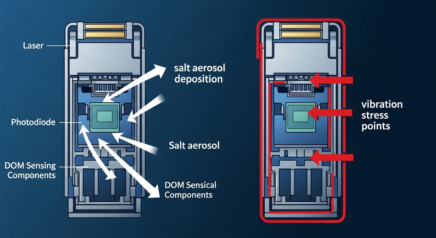 Clean-room style illustration showing a side-by-side cross-section of an SFP module with labeled laser, photodiode, and DOM s
