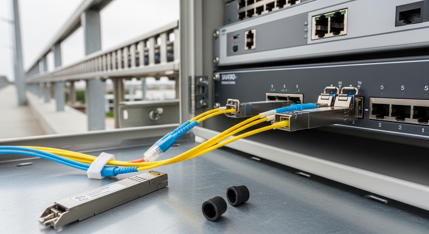 Close-up photography of an industrial bridge-side fiber cabinet, showing two SFP+ transceivers with LC fiber jumpers connecte