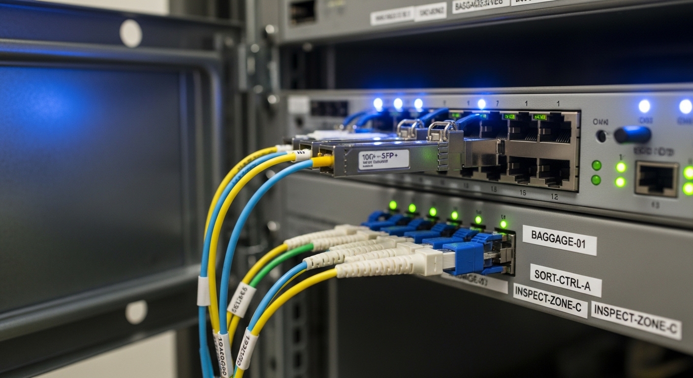 Photography style, close-up of an airport telecom rack door open, showing two 10G SFP+ transceivers inserted into a top-of-ra