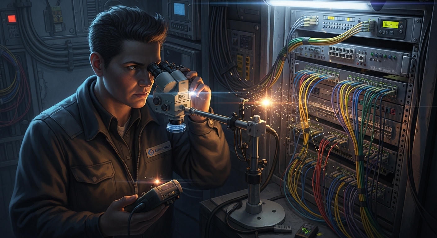 Concept art scene of a rugged offshore communications room at night, an engineer using a fiber inspection microscope and a ha