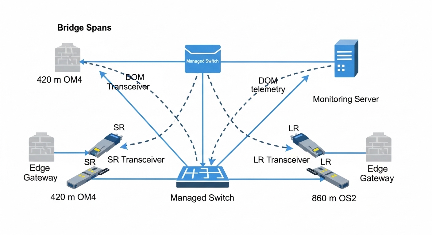 Technical illustration of a bridge network diagram, clean vector style, showing two fiber spans (420 m OM4 with SR transceive