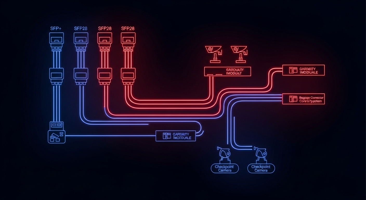 Illustration style, schematic concept art of an airport security network topology with red and blue redundant fiber paths, la