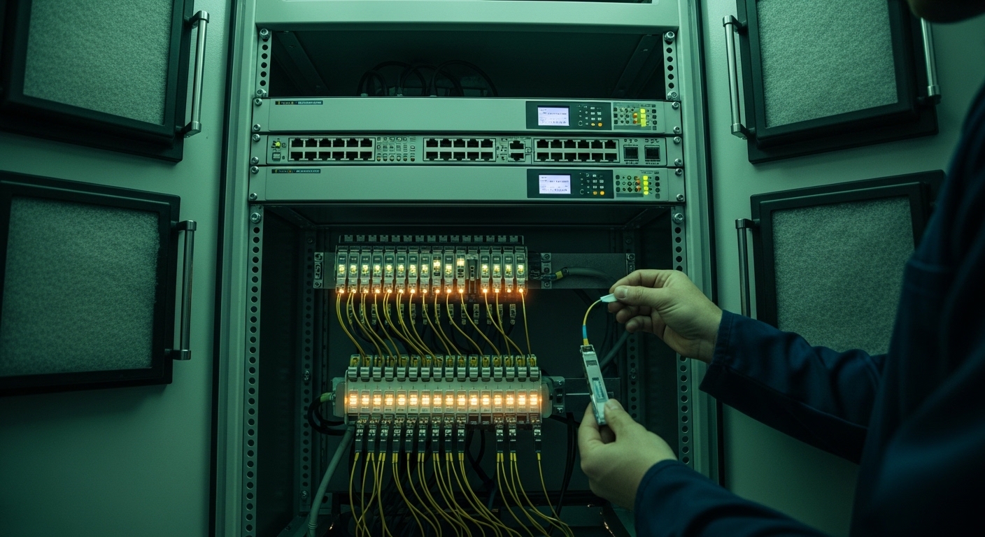 Photorealistic scene inside an industrial mine control room, wide-angle photography, two rugged Ethernet switches in a wall-m